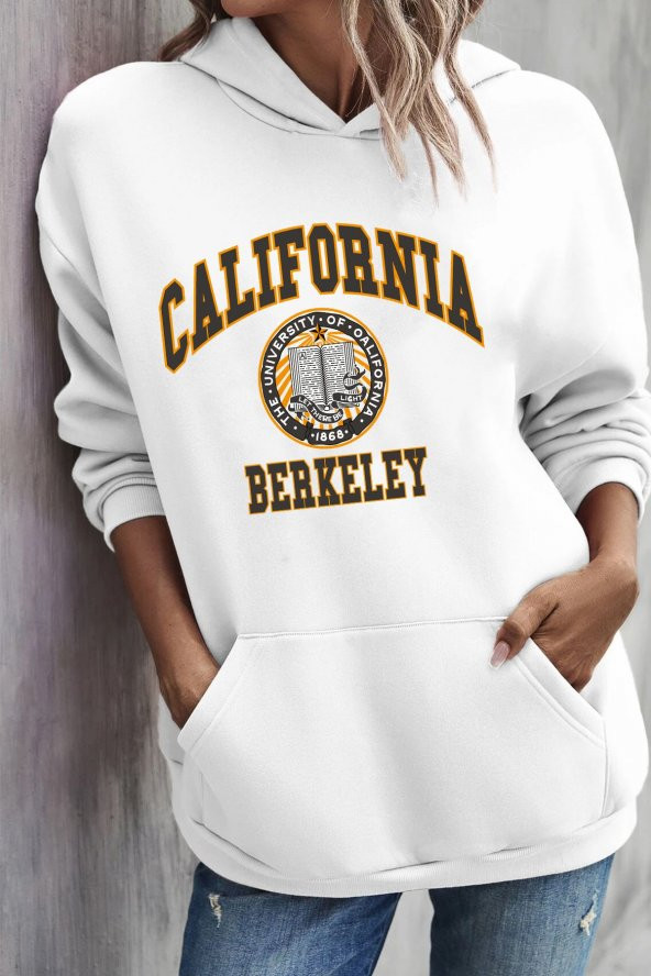 Unisex Siyah California Berkeley Baskılı Kapşonlu Sweatshirt