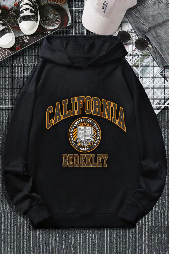 Unisex Siyah California Berkeley Baskılı Kapşonlu Sweatshirt
