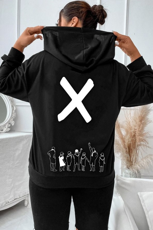 Unisex Design X Baskılı Kapüşonlu Sweatshirt