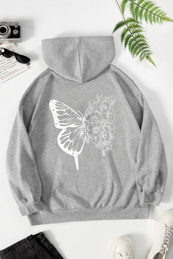 Unisex Drawing Butterflies Sırt Baskılı Kapüşonlu Sweatshirt
