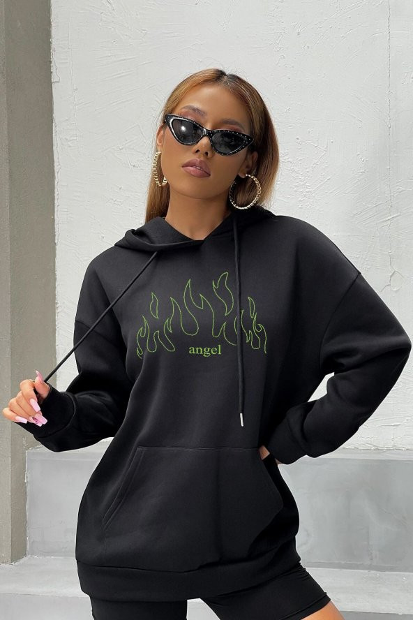 Unisex Green Angel Fire  Kapüşonlu Sweatshirt