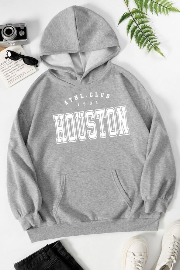 Unisex Houston Baskılı  Kapüşonlu Sweatshirt