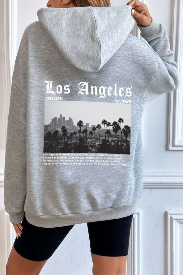 Unisex Los Angles Sırt Baskılı  Kapüşonlu Sweatshirt