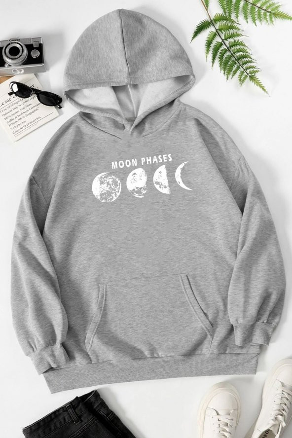 Unisex Moon Phases Baskılı  Kapüşonlu Sweatshirt