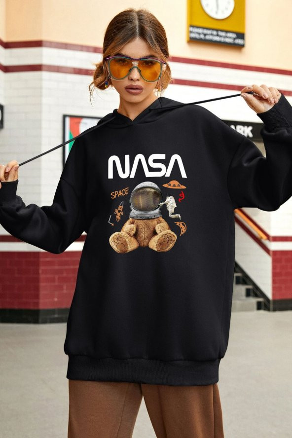 Unisex Nasa Bear Baskılı  Kapüşonlu Sweatshirt