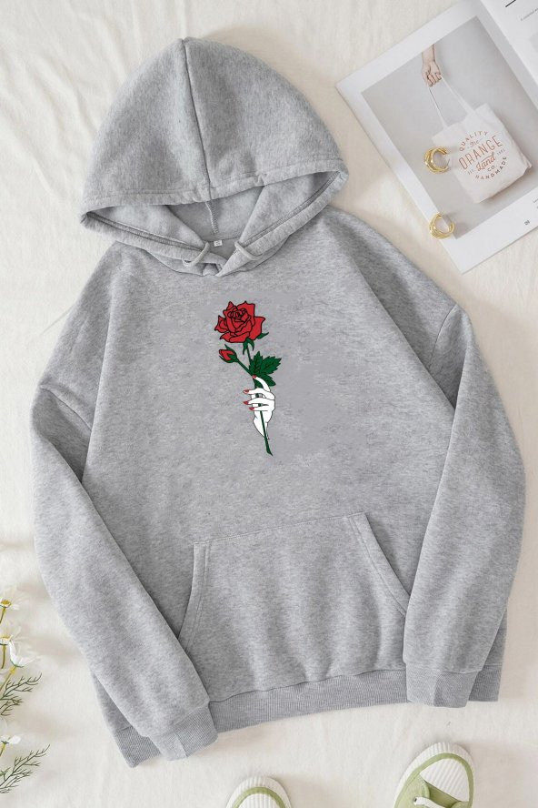 Unisex Rose Baskılı  Kapüşonlu Sweatshirt