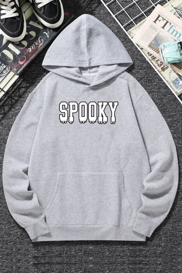 Unisex Spooky Baskılı  Kapüşonlu Sweatshirt