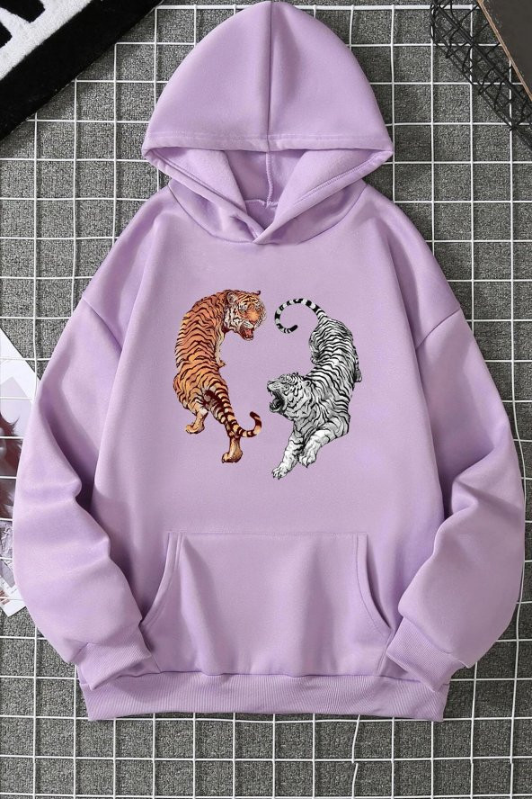 Unisex Tiger Baskılı  Kapüşonlu Sweatshirt