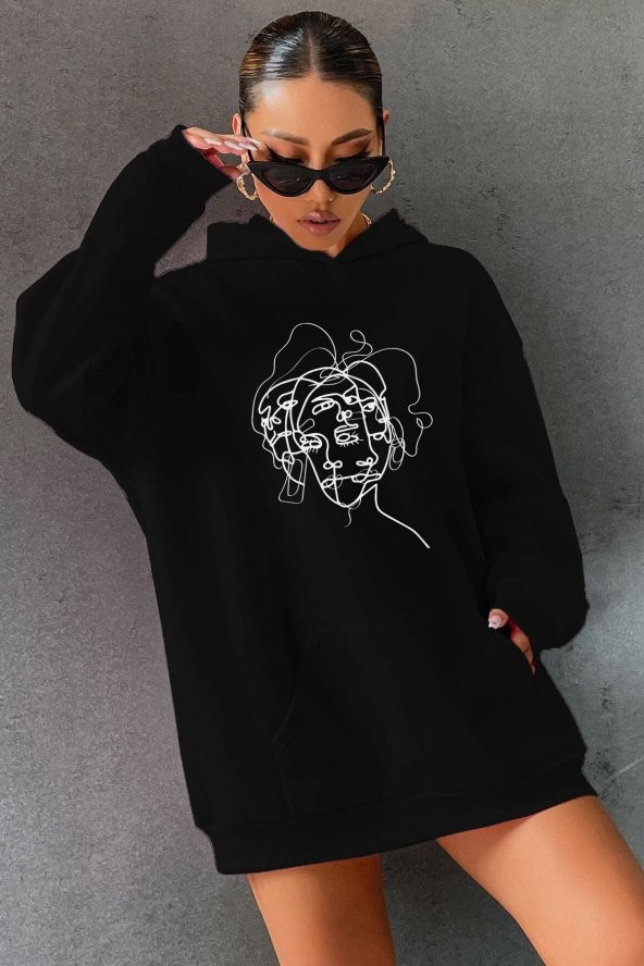 Unisex Woman one line Baskılı  Kapüşonlu Sweatshirt