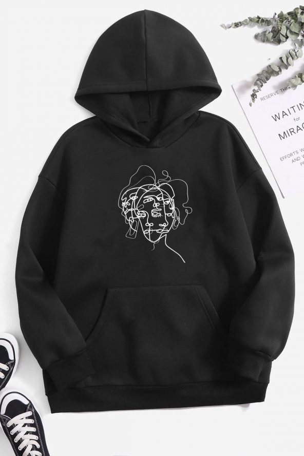 Unisex Woman one line Baskılı  Kapüşonlu Sweatshirt - 2