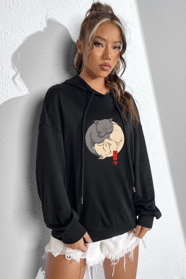 Unisex Yin Yang Cats Baskılı  Kapüşonlu Sweatshirt