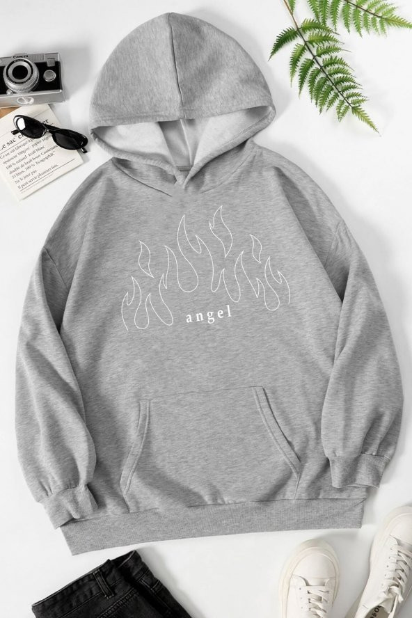 Unisex White Angel Fire  Kapüşonlu Sweatshirt