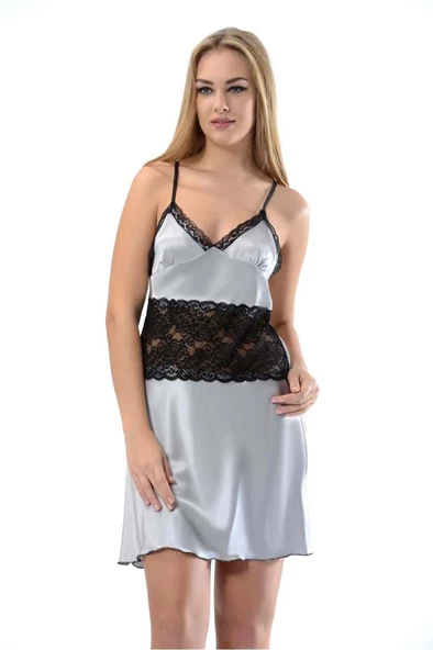Sistina Bayan Siyah Dantelli Gri Saten Kısa Gecelik M-386 - Resim 4