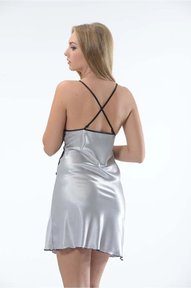 Sistina Bayan Siyah Dantelli Gri Saten Kısa Gecelik M-386 - Resim 2