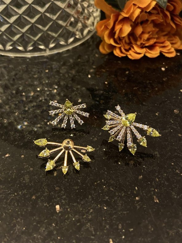 Aksesuar Çarşısı Sarı Zirkon Taşlı Çift Taraflı Küpe ürün görseli