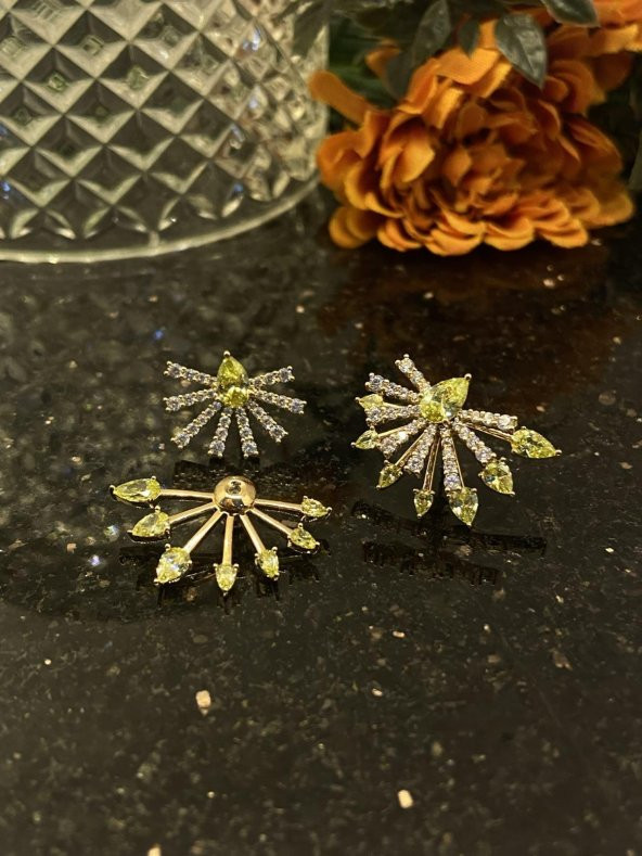 Aksesuar Çarşısı Sarı Zirkon Taşlı Çift Taraflı Küpe - Resim 2