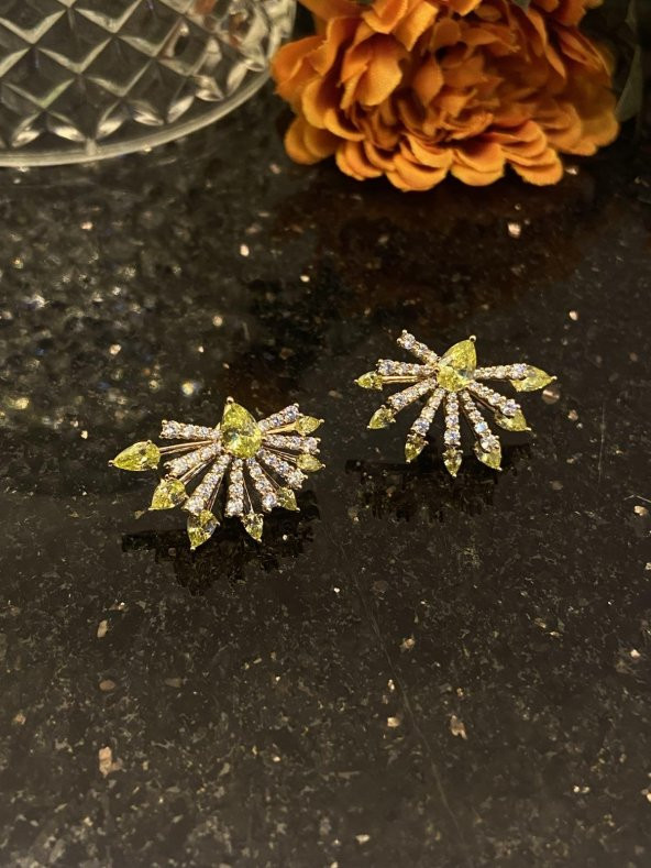 Aksesuar Çarşısı Sarı Zirkon Taşlı Çift Taraflı Küpe - Resim 3