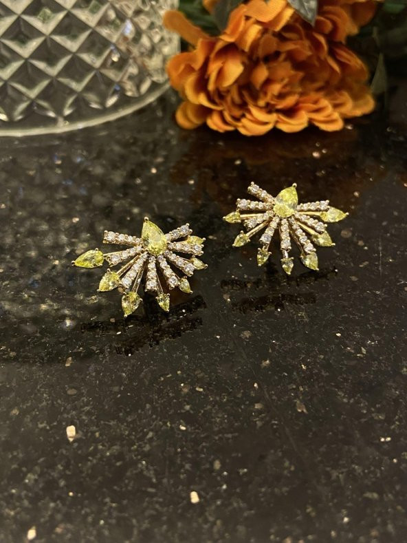 Aksesuar Çarşısı Sarı Zirkon Taşlı Çift Taraflı Küpe - Resim 4