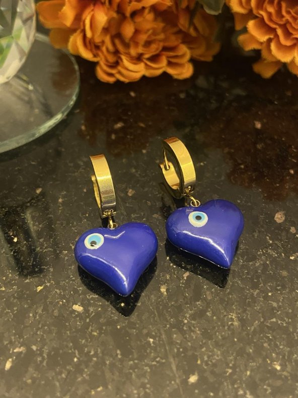 Aksesuar Çarşısı Lacivert Kalp Murano Küpe - Resim 3