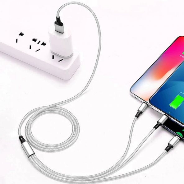 Tecno Samsung Galaxy M62 3in1 Lightning, Type-C, Micro Çıkışlı Örgülü Hızlı Data ve Şarj Kablosu - 4