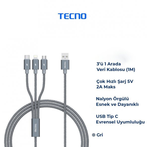Tecno Xiaomi Poco X3 3in1 Lightning, Type-C, Micro Çıkışlı Örgülü Hızlı Data ve Şarj Kablosu - 3