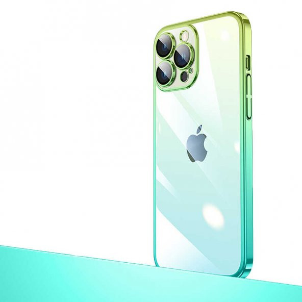 KNY Apple İphone 13 Pro Max Kılıf Renk Geçişli Parlak Sert Senkron Kapak Yeşil