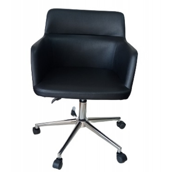 Büro Koltuğu Çalışma Sandalyesi Krom Yıldız Ayaklı Döküm Süngerli Siyah Suni Deri