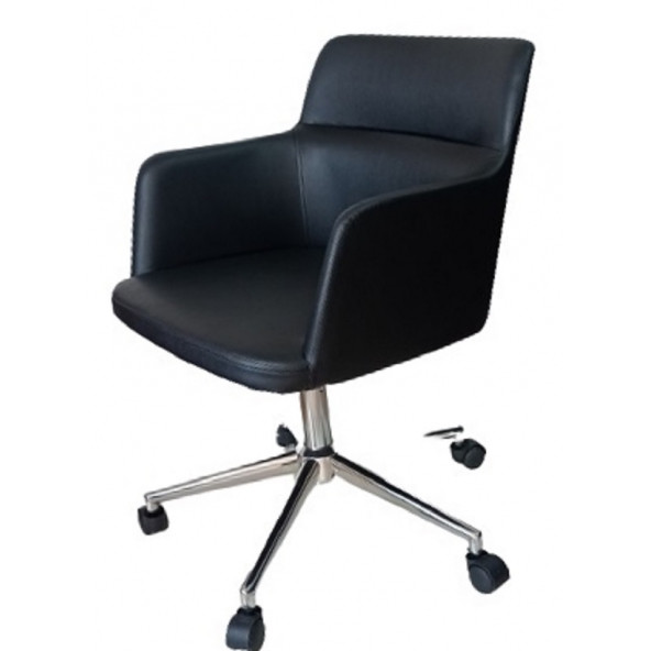 Büro Koltuğu Çalışma Sandalyesi Krom Yıldız Ayaklı Döküm Süngerli Siyah Suni Deri - 3