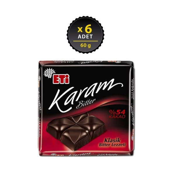 Eti Karam 54 Kakaolu Bitter Çikolata 60 g x 6 Adet