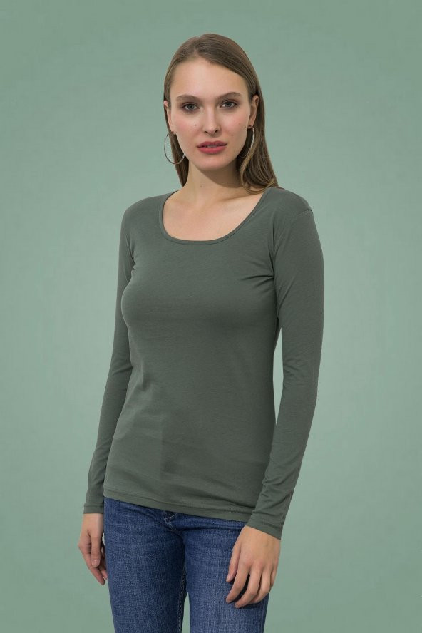 Uzun Kollu Koyu Mint Bayan Body Geniş Yaka Regular Fit - 2
