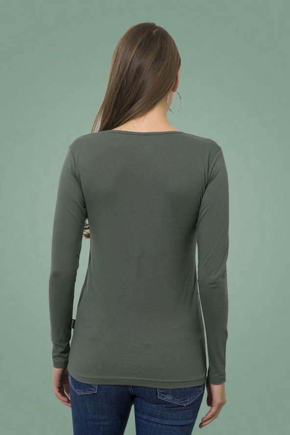 Uzun Kollu Koyu Mint Bayan Body Geniş Yaka Regular Fit - 3