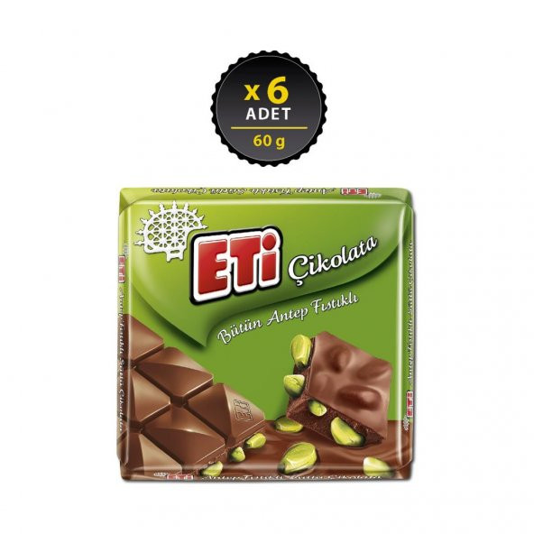 Eti Çikolata Antep Fıstıklı Kare 60 g x 6 Adet