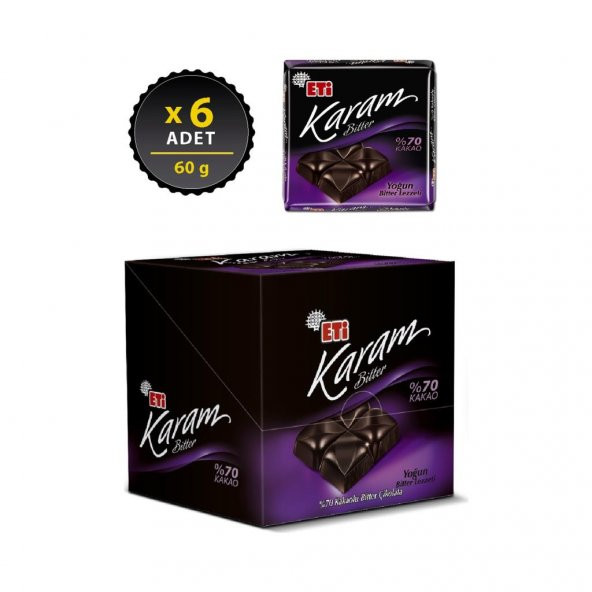 Eti Karam 70 Kakaolu Bitter Çikolata 60 g x 6 Adet - 2