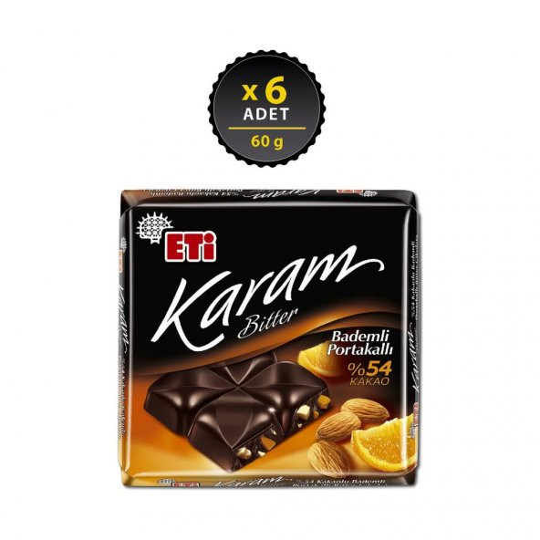 Eti Karam Bademli Portakallı Kakaolu Bitter Çikolata 60 g x 6 Adet