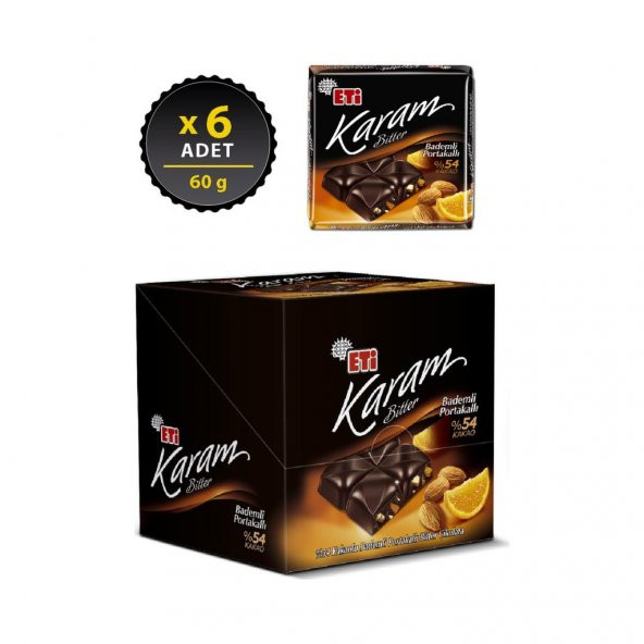 Eti Karam Bademli Portakallı Kakaolu Bitter Çikolata 60 g x 6 Adet - 2