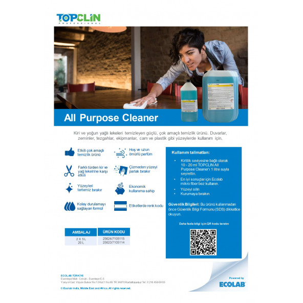 ECOLAB TOPCLIN ALL PURPOSE CLEANER - 5 L (KLOR İÇERMEYEN TEMİZLİK ÜRÜNÜ) - 4
