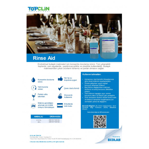 ECOLAB-TOPCLIN RINSE ID - 20 L (KONSATRE BULAŞIK PARLATICISI) - 2