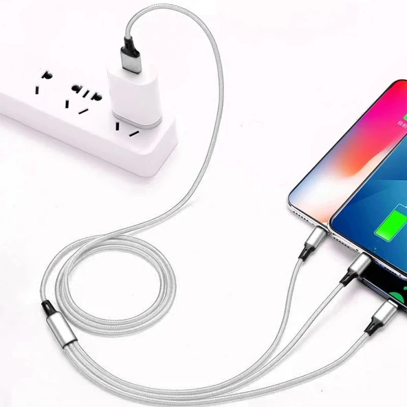 Tecno Huawei MatePad T10 Tablet İle Uyumlu 3in1 Lightning, Type-C, Micro Çıkışlı Örgülü Hızlı Data ve Şarj Kablosu - 4