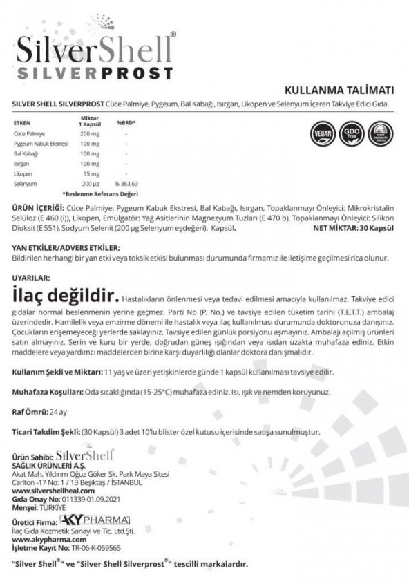 Silvershell SilverProst Saw Palmetto, Pygenum Africanum, Pumpkin Seed, Urtica Dioica, Likve Selenyum 30 Kapsul - 3