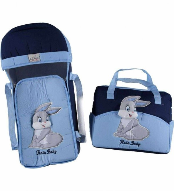 Tavşan Temalı Mavi Bebek Taşıma ve Bakım Seti, Portbebe ve Bakım Çantalı İki Parça Set