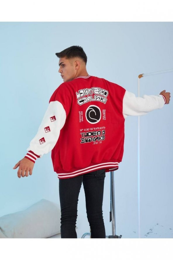 D Nakışlı Kırmızı Oversize Unisex Kolej Ceket - 2