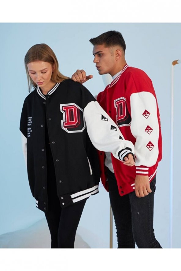 D Nakışlı Kırmızı Oversize Unisex Kolej Ceket - 3