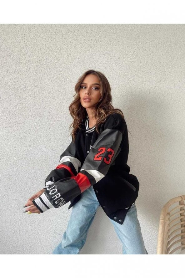 23 Siyah Deri Kol Oversize Unisex Kolej Ceket - Resim 2