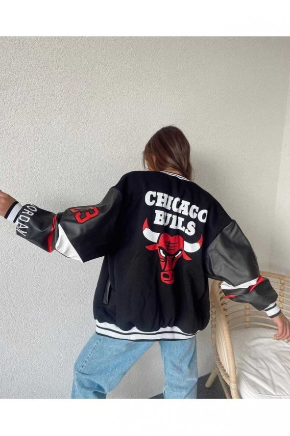 23 Siyah Deri Kol Oversize Unisex Kolej Ceket - Resim 3