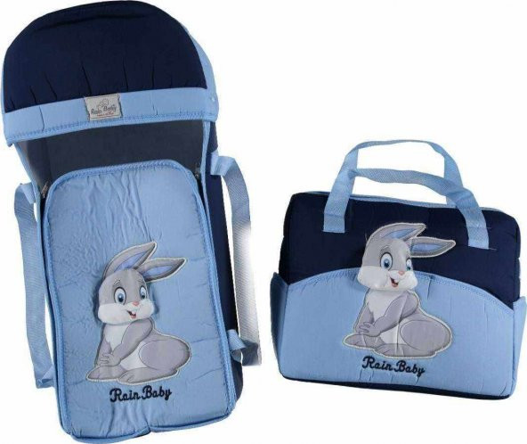 İkili Bebek Taşıma Seti Tavşan Temalı Portbebe ve Bakım Çantası, Mavi