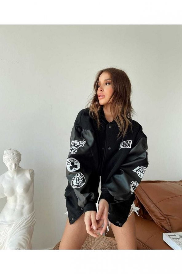 Siyah Nakışlı Nba Deri Kol Oversize Unisex Kolej Ceket