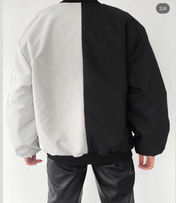 PB Siyah Gri Çift Renk Unisex Oversize Bomber Ceket - 2