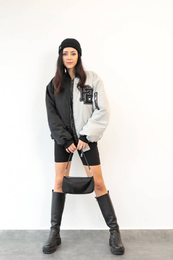 PB Siyah Gri Çift Renk Unisex Oversize Bomber Ceket - 4