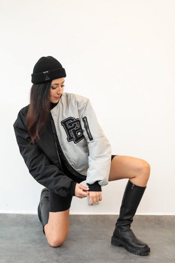 PB Siyah Gri Çift Renk Unisex Oversize Bomber Ceket - 5