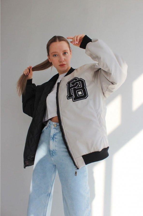 PB Siyah Gri Çift Renk Unisex Oversize Bomber Ceket - 7